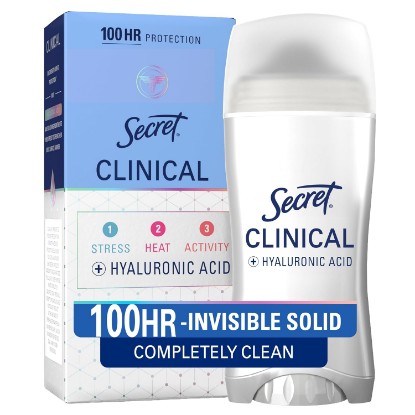 Picture of Secret Clinical Strength Invisible Solid Antiperspirant Deodorant for Women, 100HR Sweat & Odor Protection, 3X Stress Protection with Hyaluronic Acid, PH Balanced, Completely Clean Scent, 2.6 oz