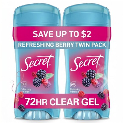 Picture of Secret Fresh Antiperspirant Deodorant for Women, 72hr Breathable Sweat & Odor Protection, Instant Freshness & Gentle, PH Balancing Minerals, Clear Gel, Refreshing Berry Scent, 2.6 oz (Pack of 2) [Amazon-developed Certification] Compact by Design