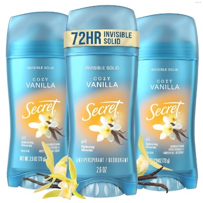 Picture of Secret Fresh Antiperspirant Deodorant for Women, 72hr Breathable Sweat & Odor Protection, Instant Freshness & Gentle, PH Balancing Minerals, Invisible Solid, Cozy Vanilla Scent, 2.6 oz (Pack of 3)