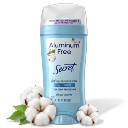 Picture of Secret Aluminum Free Deodorant for Women, 72hr Odor Protection, Naturally Derived Ingredients, Free of Parabens Dyes Talc & Baking Soda, PH Balancing Minerals, Dry Solid, Cotton Scent, 2.4 oz