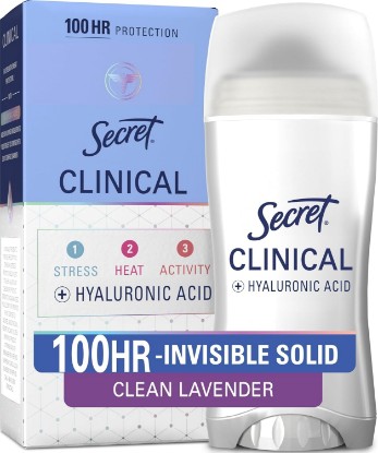 Picture of Secret Clinical Strength 100HR Sweat & Odor, Invisible Solid Antiperspirant Deodorant for Women, 3X Stress Protection with Hyaluronic Acid, PH Balanced, Clean Lavender Scent, 2.6 oz