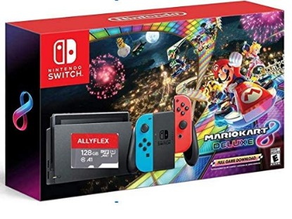Picture of Newest Nintendo Switch w/ Neon Blue & Neon Red Joy-Con + Mario Kart 8 Deluxe Game, 6.2" Touchscreen LCD Display, 802.11AC WiFi, Bluetooth 4.1 - Red and Blue + AllyFlex 128GB Micro SD (Renewed)