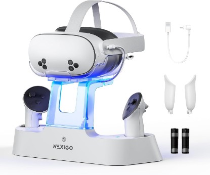 Picture of NexiGo Enhanced Charging Dock for Meta Quest 3 and 3S, with LED Light [On/Off], [Support Elite Strap with Battery], Headset Display Holder and Controller Mount, Rechargeable Batteries, White