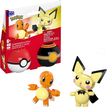 Picture of MEGA Pokémon Building Toys Set Pichu & Charmander with 40 Pieces, 2 Poseable Characters and Poké Ball, 2 Inches Tall, for Kids