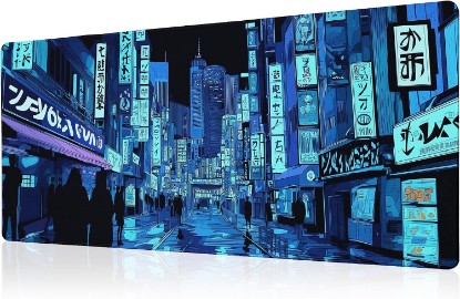 Picture of Dark Blue Japanese Gaming Mouse Pad Abstract Anime Mat 31.5x11.8 Inch Tokyo Pixel Street Texture Non-Slip Rubber Base Kawaii Mousepad Stitched Edges Keyboard Desk Pad for Office and Home Game