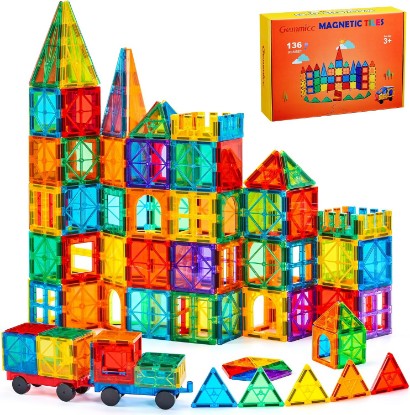 Picture of Gemmicc Magnetic Tiles, Deluxe 136 PCS Building Blocks Magnet Toys for Kids,3D Magnet Puzzles Stacking Blocks for Boys Girls,Huge Set with 2 Cars Global Recycled Standard