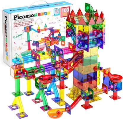 Picture of PicassoTiles 100 Piece Marble Run Magnetic Tiles Race Track STEM Ages 3+ | BPA-free ABS plastic, reinforced edges, curved slopes and U-turns, steel balls included, open-ended maze layouts, shared play