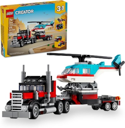 Picture of LEGO Creator 3 in 1 Flatbed Truck with Helicopter Toy, Transforms from Flatbed Truck Toy to Propeller Plane to Hot Rod and SUV Cars, Gift Idea for Boys and Girls Ages 7 Years Old and Up, 31146