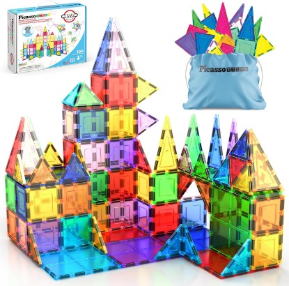 Picture of PicassoTiles 100 Piece Magnetic Tiles, Clear 3D Building Blocks for Kids 3+ | No-limit scalable builds, hands-on magnet polarity fun, family group play, quick assemble & store, shape & color recognition