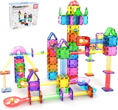Picture of PicassoTiles 70 Piece Marble Run Magnetic Tiles Race Track STEM Ages 3+ | 8 quarter-round turns, 10 long slides, 4 U-turns, 2 funnels & 2 slopes, 4 weighted balls, BPA-free, fine motor & spatial play