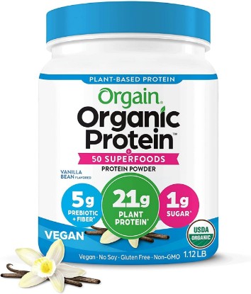 Picture of Orgain Organic Vegan 21g Protein + Superfoods Powder, Vanilla Bean, 1.12lb | Plant based protein, 50 superfoods, 8g prebiotic fiber, gluten free, no added sugar, non-GMO, no lactose ingredients USDA Organic