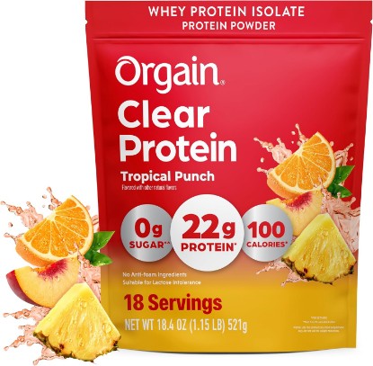 Picture of Orgain Clear Whey Isolate 22g Protein Powder, Tropical Punch, 18 Servings | Whey protein, 0g sugar, no anti-foaming agent, suitable for lactose intolerance, no artificial color, no soy, 10.1oz