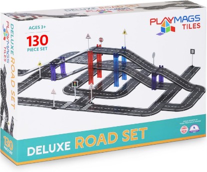 Picture of Playmags Magnetic Tiles Road Set for Kids - 130-Pieces Magnet Building Blocks Toy - Durable Creative STEM Learning Toys with Curved & Straight Car Race Track for Kids Ages 3+