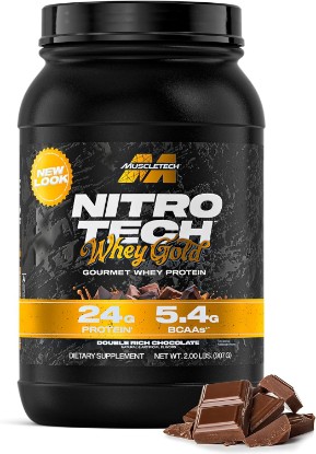 Picture of MuscleTech Whey Protein Powder (Double Rich Chocolate, 2LB), 24g Protein | Nitro-Tech Whey Gold Isolate Smoothie Mix for Lean Muscle & Recovery for Women & Men - Packaging May Vary