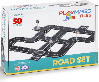 Picture of Playmags Magnetic Tiles Road Set - 50 Pcs STEM Educational Construction Toy Car Track, Building Blocks Magnet Toys for Toddlers, Safe for Ages 3+