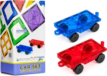 Picture of Playmags Magnetic Car Set (2 Pieces) – Strong Magnet Car Bases for Magnetic Tiles, STEM Building Toy Accessories for Kids, Compatible with Magnetic Blocks, Durable Wheels, Creative Play Add-On