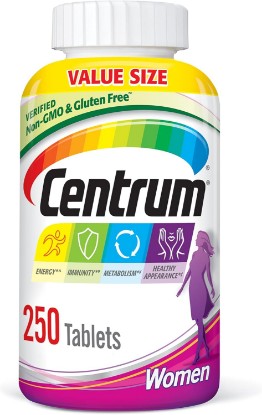 Picture of Centrum Multivitamin for Women, Multivitamin/Multimineral Supplement with Iron, Vitamin D3, B Vitamins and Antioxidant Vitamins C and E, Tablet, Gluten Free, Non-GMO Ingredients - 250 Count
