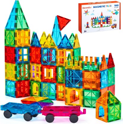 Picture of Gemmicc 100 PCS Magnetic Tiles with 2 Cars, STEM Approved Educational Magnet BuildingToys, Magnet Puzzles Stacking Blocks for Boys Girls Global Recycled Standard