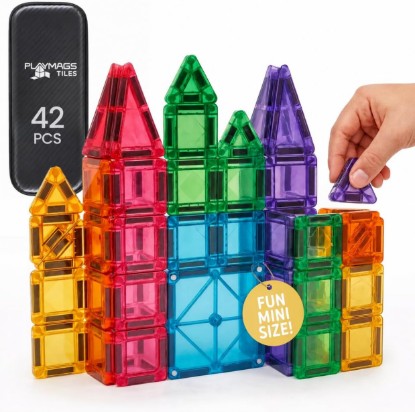 Picture of Playmags Mini Magnetic Tiles for Kids 42-Piece Set | Travel Magnetic Blocks | STEM Sensory Educational Toys | Portable Toddler Building Toys | Gift for Boys & Girls Ages 3