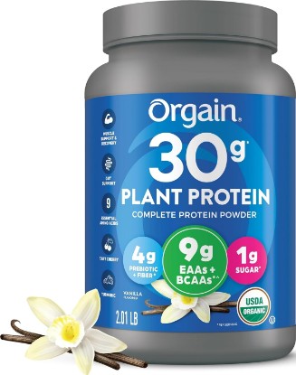 Picture of Orgain Organic Vegan 30g High Protein Powder, Vanilla, 2.01 lb | Plant based, 9g EAAs + BCAAs, 4g prebiotic fiber, 1g sugar, pre-workout, muscle support & recovery, packaging may vary USDA Organic