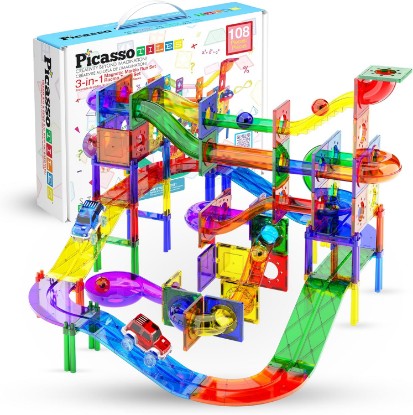 Picture of PicassoTiles 108 Piece Marble Run Race Track Set with LED Cars STEM Ages 3+ | 2 Light-Up Vehicles, 4 Magnetic Marbles, BPA-Free, Expandable Collection, Fine Motor Skills,Problem-Solving Screen-Free Toy