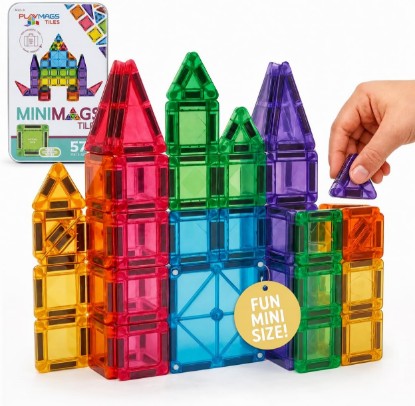 Picture of Playmags Mini Magnetic Tiles for Kids 57-Piece Set | Travel Magnetic Blocks | STEM Sensory Educational Toys | Portable Toddler Building Toys | Gift for Boys & Girls Ages 3