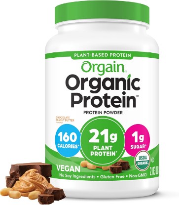 Picture of Orgain Organic Vegan 21g Protein Powder, Chocolate Peanut Butter, 2.03 lb | Plant based protein, 6g prebiotic fiber, low net carb, no added sugar or lactose ingredients, non-GMO, for shakes & smoothies USDA Organic