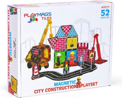 Picture of Playmags City Construction Magnetic Tiles Set, Building Blocks with Crane & Road Pieces, Educational STEM Toys for Boys & Girls Ages 3+ 52-Piece