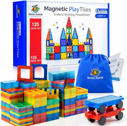 Picture of SUNNY AUNTIE Magnetic Tiles STEM Toys Building Set, Ages 3+ - 125 Pieces | Magnetic Tiles Building Toys, STEM Toys, Magnetic Blocks Construction Set, with 2 Cars & Guide Booklet for Kids Ages 3+