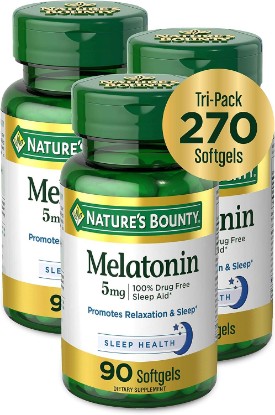 Picture of Nature's Bounty Melatonin 100% Drug Free Sleep Aid, Dietary Supplement, Promotes Relaxation and Sleep Health, 5 mg, 90 Count, Pack of 3