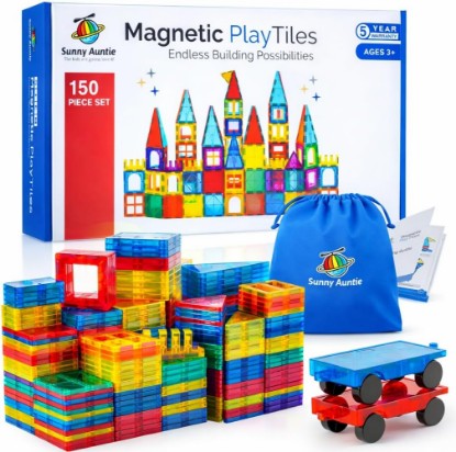 Picture of SUNNY AUNTIE Magnetic Tiles STEM Toys Building Set, Ages 3+ - 150 Pieces | Magnetic Tiles Building Toys, STEM Toys, Magnetic Blocks Construction Set, with 2 Cars & Guide Booklet for Kids Ages 3+