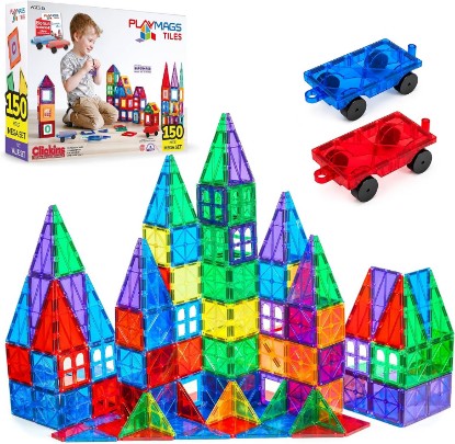 Picture of Playmags Magnetic Tiles for Kids 150-Piece Set, STEM Educational Building Blocks Toys for Kids, Includes Click-in ABC Learning Tiles, Gift for Boys & Girls, Add on Magnetic Figures, Car Set Available