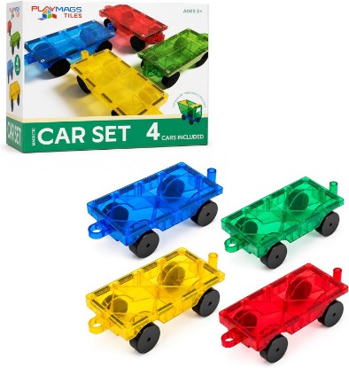 Picture of Playmags Magnetic Car Set (4 Pieces) - Strong Magnet Car Bases for Magnetic Tiles, STEM Building Toy Accessories for Kids, Compatible with Magnetic Blocks, Durable Wheels
