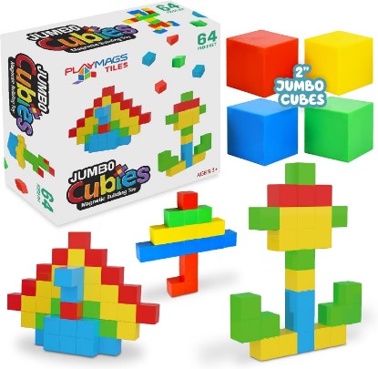 Picture of Playmags Jumbo Cubies Magnetic Blocks Building Toy, 64pc 2-Inch Magnet Cubes STEM Toys for Toddler & Kids, Preschool, Educational Construction Block Toy for Boys & Girls