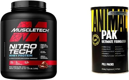 Picture of Muscletech Whey Protein Powder Nitro-Tech Whey Protein Isolate & Peptides & Animal Pak - Convenient All-in-One Vitamin & Supplement Pack