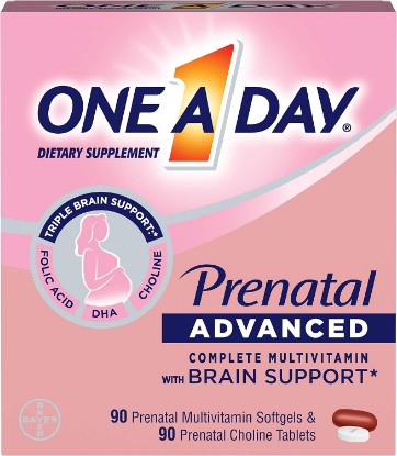 Picture of ONE A DAY Women’s Prenatal Advanced Complete Multivitamin with Brain Support* with Choline, Folic Acid, Omega-3 DHA & Iron for Pre, During and Post Pregnancy, 90+90 Count, (180 Count Total Set)