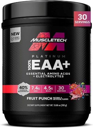 Picture of MuscleTech Platinum Essential Amino Acids Supplement with Electrolytes | Pre-Workout Powder for Energy, Muscle Growth, & Strength Builder - EAA Complex for Men & Women - Fruit Punch, 30 Servings