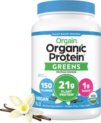 Picture of Orgain Organic Vegan Protein Powder + Greens, Vanilla Bean - 21g Plant Based Protein, Gluten Free, Dairy Free, Lactose Free, Soy Free, No Sugar Added, With Iron & Prebiotics for Gut Health - 1.94lb USDA Organic