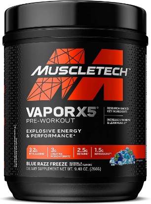 Picture of MuscleTech Pre-Workout Powder, Vapor X5 - Blue Razz Freeze, 266g | Sports Nutrition Muscle Building Supplements for Women & Men - Intense Muscle Pump Energy Powder Drink Mix (30 Servings)