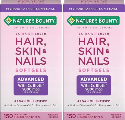 Picture of Nature's Bounty Hair, Skin & Nails Rapid Release Softgels, Argan-Infused Vitamin Supplement with Biotin and Hyaluronic Acid, Supports Hair, Skin, and Nail Health for Women, 150 Count (Pack of 2)