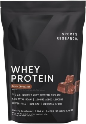 Picture of Sports Research Whey Protein Isolate Powder Dutch Chocolate, 5.42lb Bag | 25g U.S. Grass-Fed Protein per Scoop | Essential Amino Acids & BCAA's | Informed Sport, NSF, <1g of Sugar - 60 Servings
