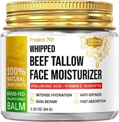 Picture of Beef Tallow for Skin and Face - Grass Fed Tallow and Honey Balm, All Natural Skin Care Moisturizer with Hyaluronic Acid - Day & Night Beef Tallow Face Cream for Dry, Sensitive Skin, Glass Jar 2.25 oz