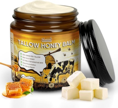 Picture of Beef Tallow for Face & Body - 4 Oz Organic Grass-Fed Beef Tallow Balm with Raw Honey Blend - Moisturizing Cream for Soft, Smooth Skin -All-Natural Deep Nourishing Tallow Balm for All Skin Types