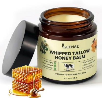 Picture of LEENAE Whipped Beef Tallow Moisturizer with Honey – Grass Fed Tallow Face & Body Balm, Unscented Natural Skin Cream with Olive Oil, 4 oz