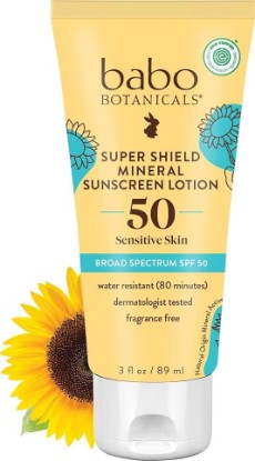 Picture of Babo Botanicals Sheer Mineral Sunscreen Lotion SPF 50 with 100% Mineral Active Ingredients for Babies, Kids or Extra Sensitive Skin, Lightweight, Water Resistant & Fragrance Free, 3 Fl Oz EWG Verified