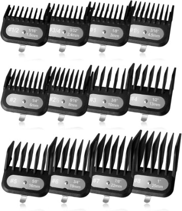 Picture of Clipper Guards Set Compatible with Most Wahl Clippers, -1/16" to 1", 12 Piece Set, Black Color, New Version