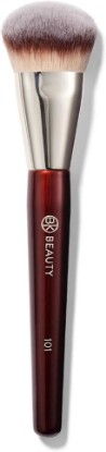Picture of BK BEAUTY 101 Contoured Foundation Brush for Liquid & Cream Makeup | Vegan, cruelty-free synthetic fiber bristles with wood handle and aluminum ferrule. Color: Burgundy.