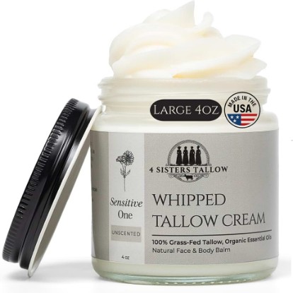 Picture of 100% Grass Fed Beef Tallow For Face & Skin - All Natural Tallow Face Cream - Whipped Moisturizer Lotion - Made in USA - 100% Organic Essential Oils - Lrg 4 Fl Oz - For Sensitive Skin - (Unscented)