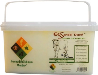 Picture of Beef Tallow - 100% Grass Fed - 7 lbs net wt in GLC container of PP with lock tab resealable lid and re-tachable handle - for cosmetic manufacturing - Not Hydrogenated - Non-GMO - USP Compliant - FREE from LACTOSE-GLUTEN-GLUTAMATE-BSE