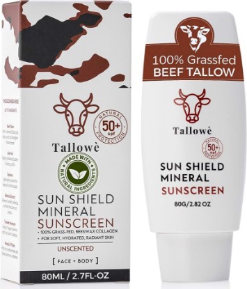 Picture of Tallowè Spf 50 Sun Shield Mineral Sunscreen with Grass Fed Tallow, Collagen & Beeswax, Non greasy Hydrating Sunscreen for Face and Body with Zinc Oxide, Reef safe, Fragrance free 2.8oz
